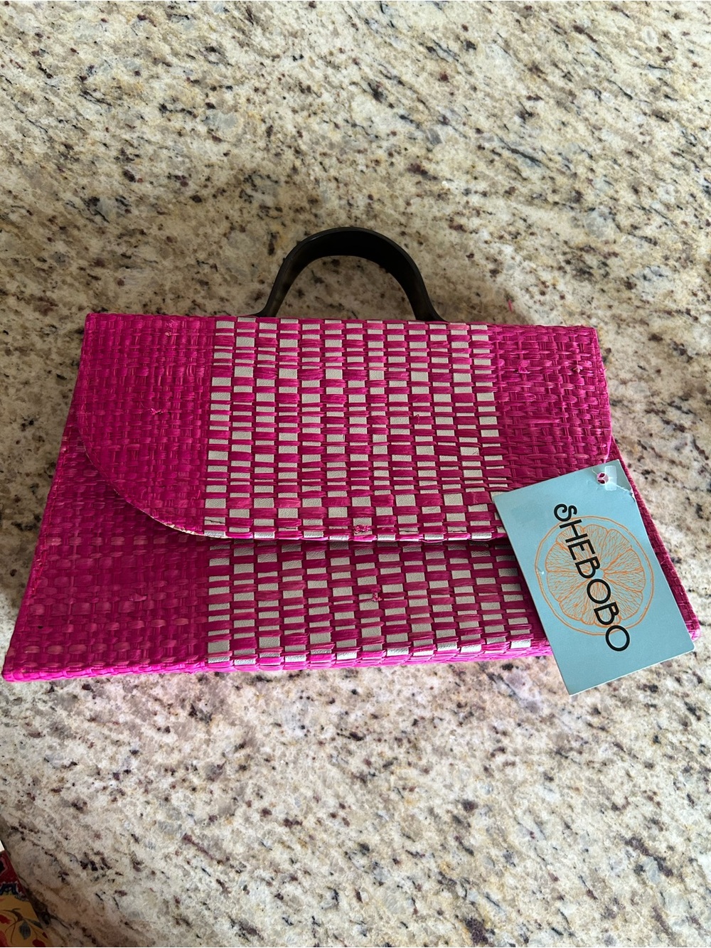 SHEBOBO WYNWOOD pink & silver metallic raffia purse with horn handle. NEW!
